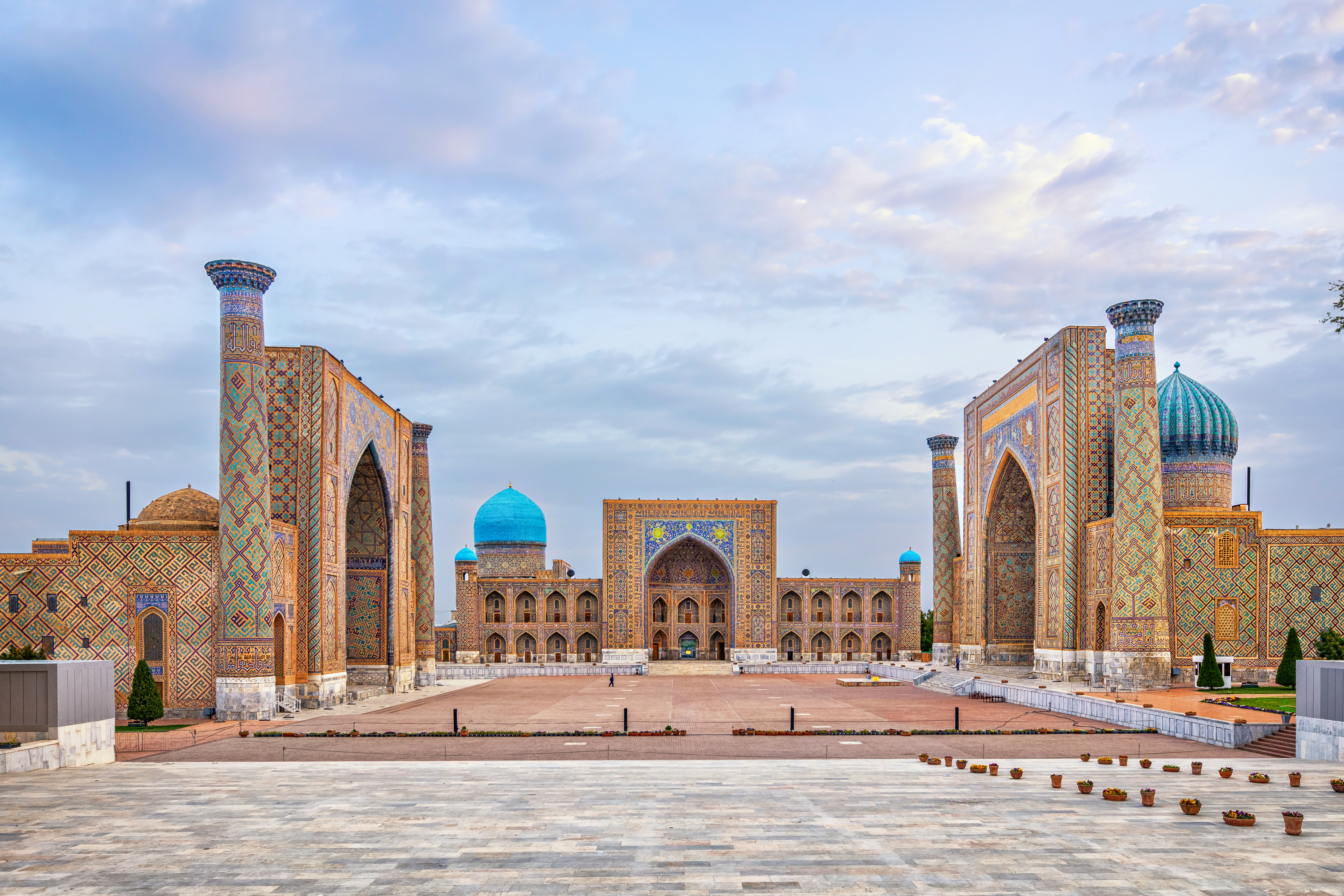 Registan Square, Samarkand, Ulugh Beg madrassa (religious school focused on mathematics and science) left