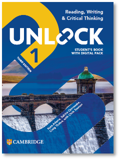 Cambridge Unlock 1 cover featuring reading, writing, and critical thinking with a digital pack.