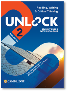 Cambridge Unlock 2 cover with reading, writing, and critical thinking materials, featuring Dora illustrations.