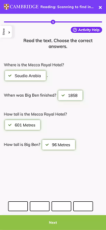 Quiz session at the Cambridge Royal Hotel, featuring questions and answers displayed on the screen.