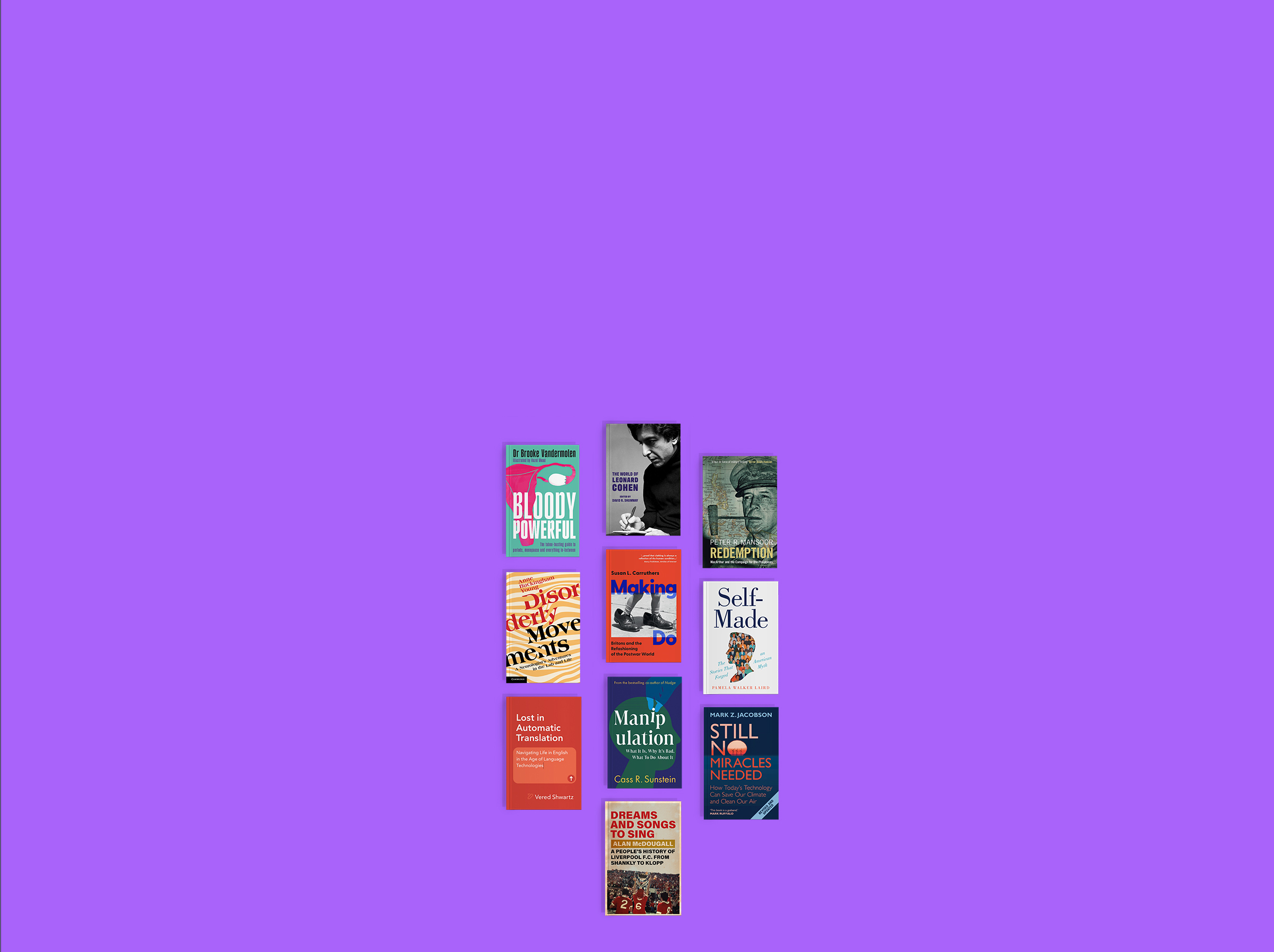 Ten books arranged in a grid on a purple background