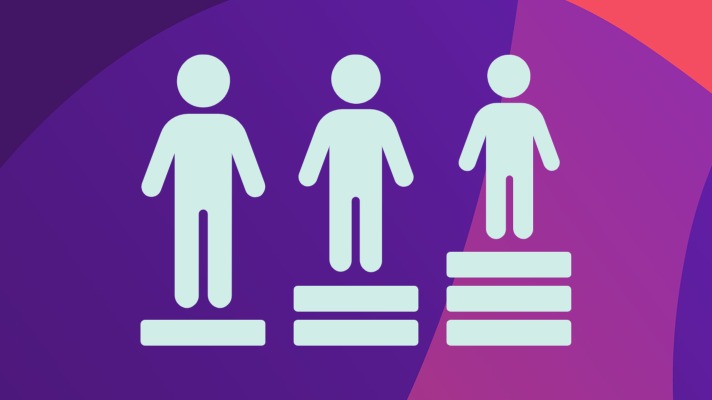 illustration of three people stood on different height blocks to make them equal in height to symbolise equity