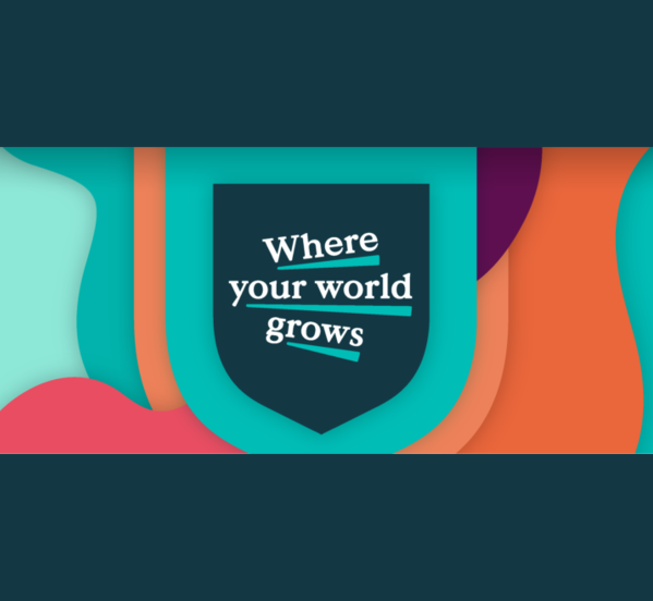 A colourful branded banner featuring the words "Where your world grows"