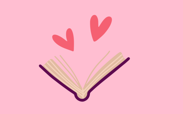 pink background with image of an open book and hearts