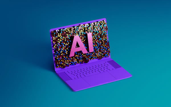 Purple laptop with pink AI text on the screen with an overall blue background