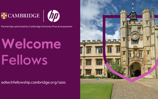 The image shows Jesus College, from University of Cambridge, with the branded shield from Cambridge University Press & Assessment embracing the building. The image also says "Welcome Fellows" 