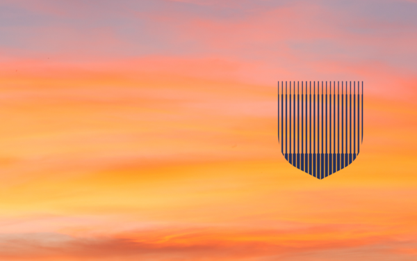 Cambridge University Press shield pattern in dark Cambridge Blue on sunset background