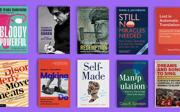 Ten books arranged in a grid on a purple background