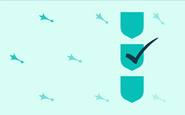 Cambridge Blue background with small arrow icon graphics with three shields, one of which has a tick.