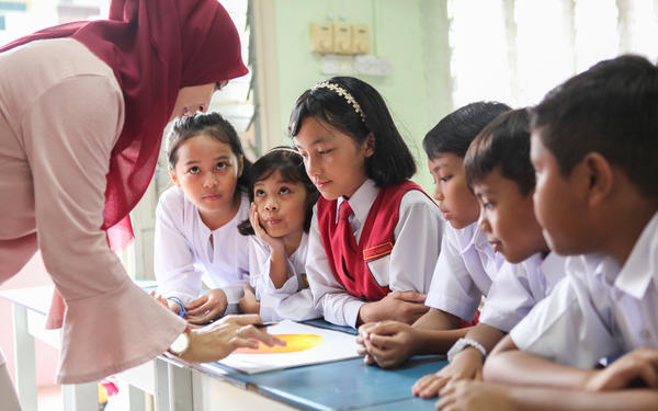 Malaysian students with teacher in classroom