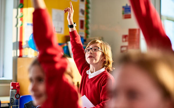 Children raise hands in class