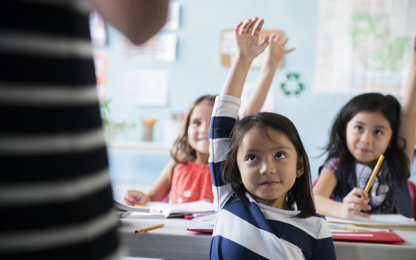 Child raising hand in class