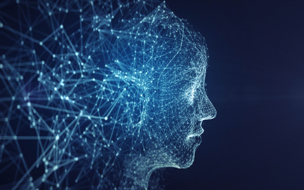 the side profile of a human face made up of blue lines showing data and technology