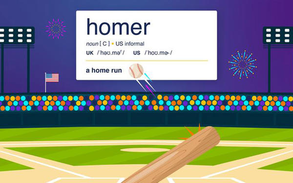 illustration of baseball ground with score board showing Homer