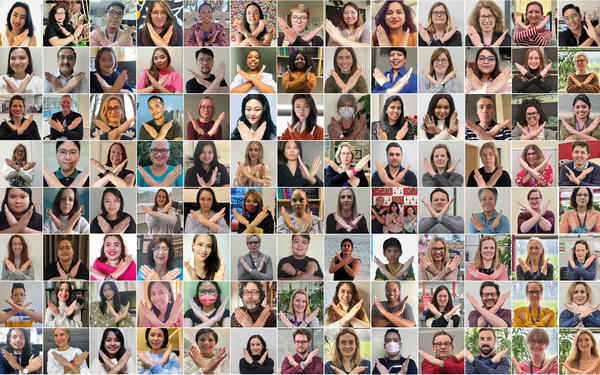 Cambridge colleagues striking the 'Break the Bias' pose