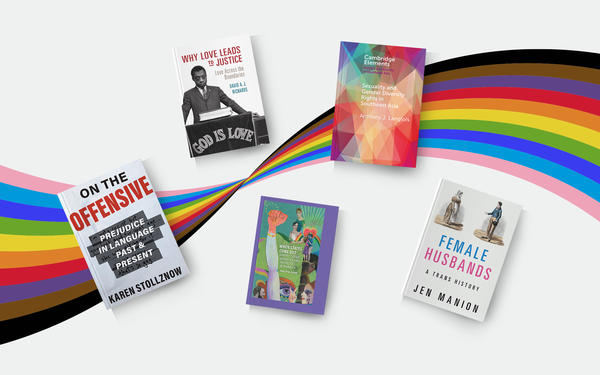 Five Cambridge University Press book covers on Pride flag background