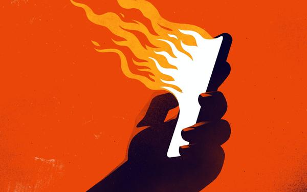 Cartoon of a burning mobile phone.
