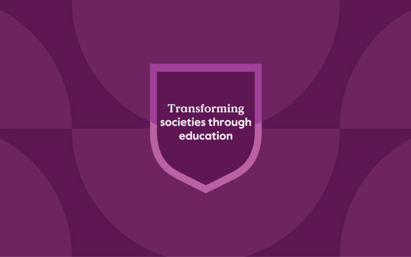 'Transforming societies through education' written in white text and framed within a purple Cambridge shield