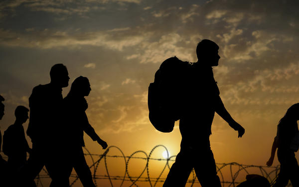 Column of migrants walking to the border in the sunset