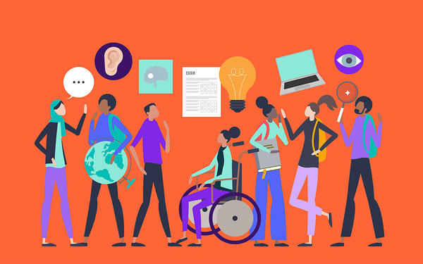 illustration of diverse group of people with various icons e.g. light bulb, laptop, eye, ear, brain, above them on an orange background