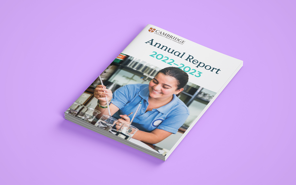 the front cover of Cambridge's annual report for 2023 on a purple background
