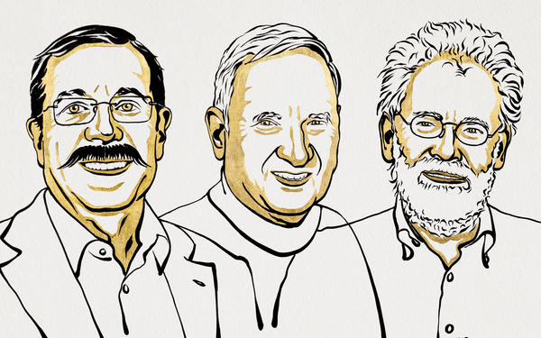 Illustration of Alain Aspect, John Clauser and Anton Zeilinger, winners of the Nobel Prize for Physics 2022