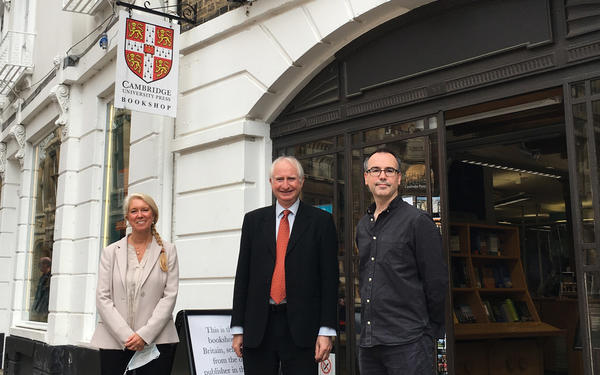 Daniel Zeichner MP outside the Cambridge University Press Bookshop with Cambridge colleagues Cathy and Alistair