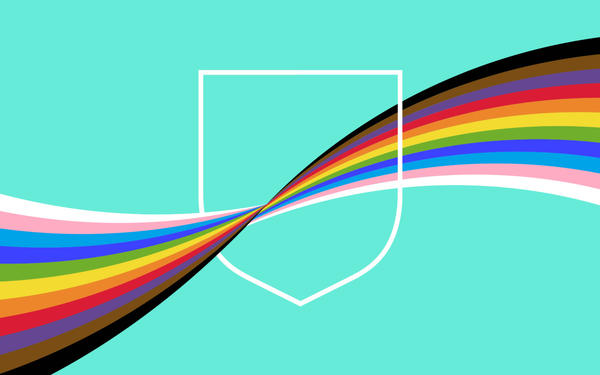 Progress Pride flag colours and Cambridge shield on blue background