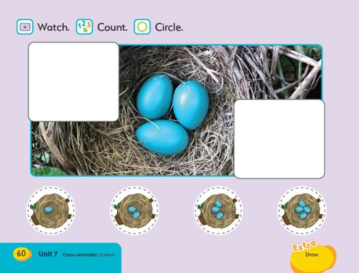A bird's nest containing blue eggs, accompanied by an image of a bird perched nearby.