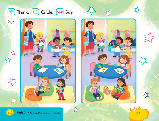 An animation of a classroom with children engaging in learning activity
