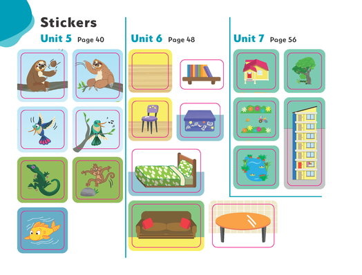 A colorful poster featuring various educational stickers designed to engage children in learning activities.