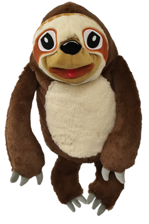 A cheerful stuffed animal with a big smile, showcasing its friendly and inviting expression.