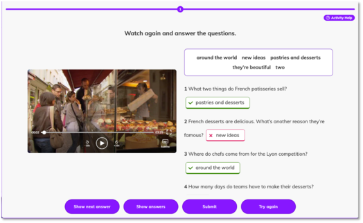 Purple screen with video player and engagement prompt.