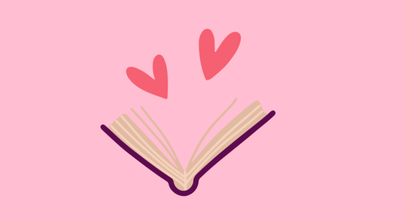 pink background with image of an open book and hearts
