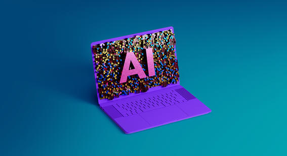 Purple laptop with pink AI text on the screen with an overall blue background