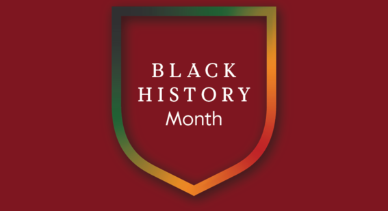 An illustration with Black History Month under Cambridge shield in dark red background.