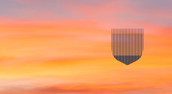Cambridge University Press shield pattern in dark Cambridge Blue on sunset background