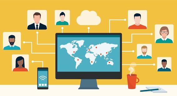 Illustration of a computer connecting users from across the globe