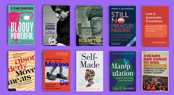 Ten books arranged in a grid on a purple background