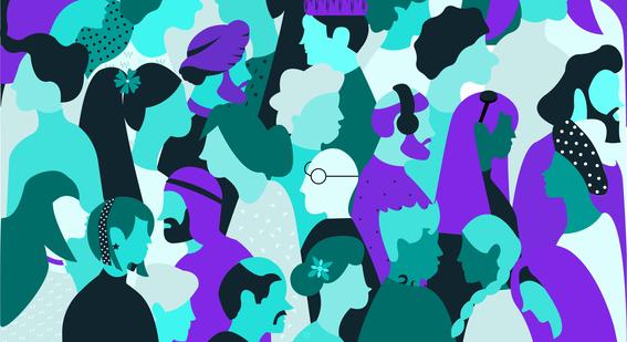 Animation graphic including the whole range of different people facing multiple different directions painted in the Cambridge brand colours of different shades of purple, aqua blue and black hues