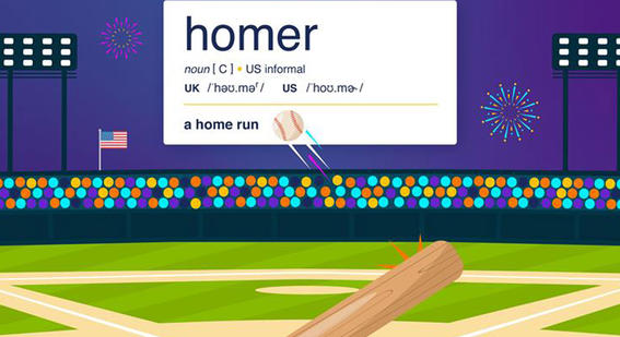 illustration of baseball ground with score board showing Homer