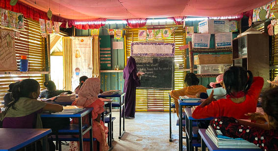 Students sitting in a classroom in Bangladesh, Rohingya