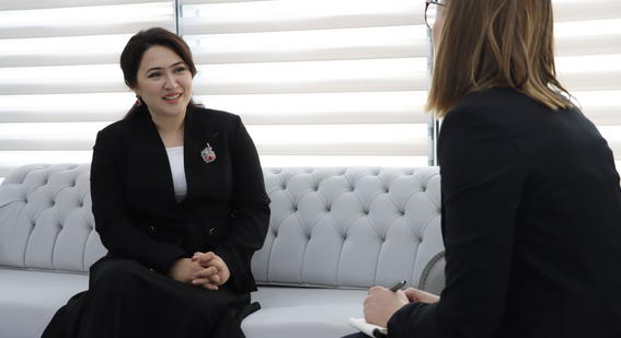 Director Hilola Umarova being interviewed