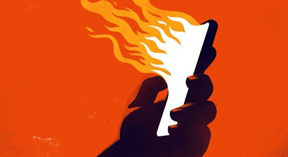 Cartoon of a burning mobile phone.