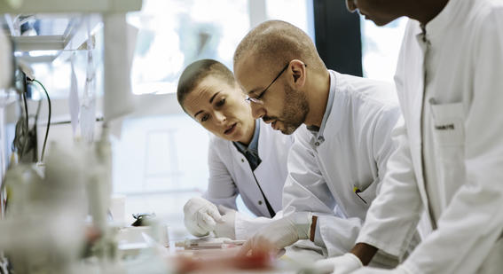 Photo of three scientists working together in a laboratory