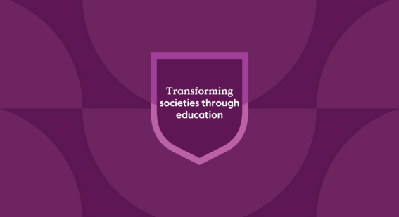 'Transforming societies through education' written in white text and framed within a purple Cambridge shield