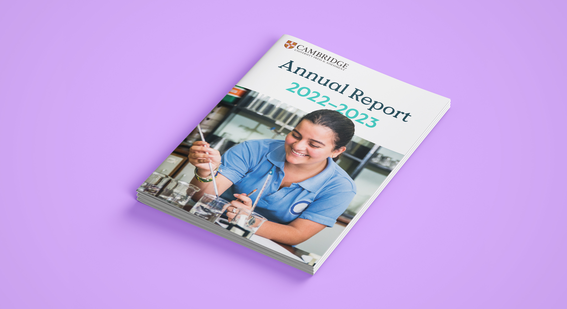 the front cover of Cambridge's annual report for 2023 on a purple background