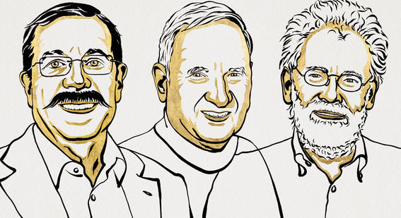 Illustration of Alain Aspect, John Clauser and Anton Zeilinger, winners of the Nobel Prize for Physics 2022
